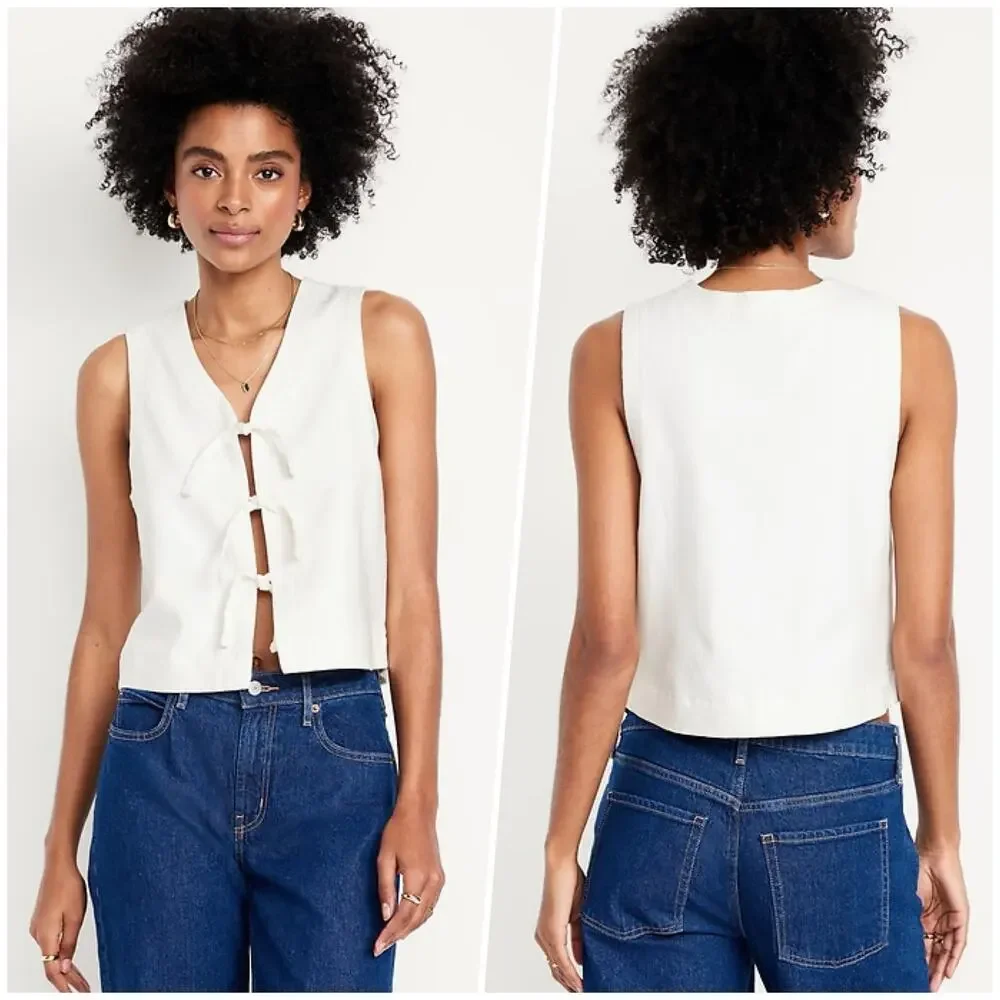 Old Navy | Women | Ivory White Linen Blend Tie Front V-Neck Sleeveless Vest | 2X